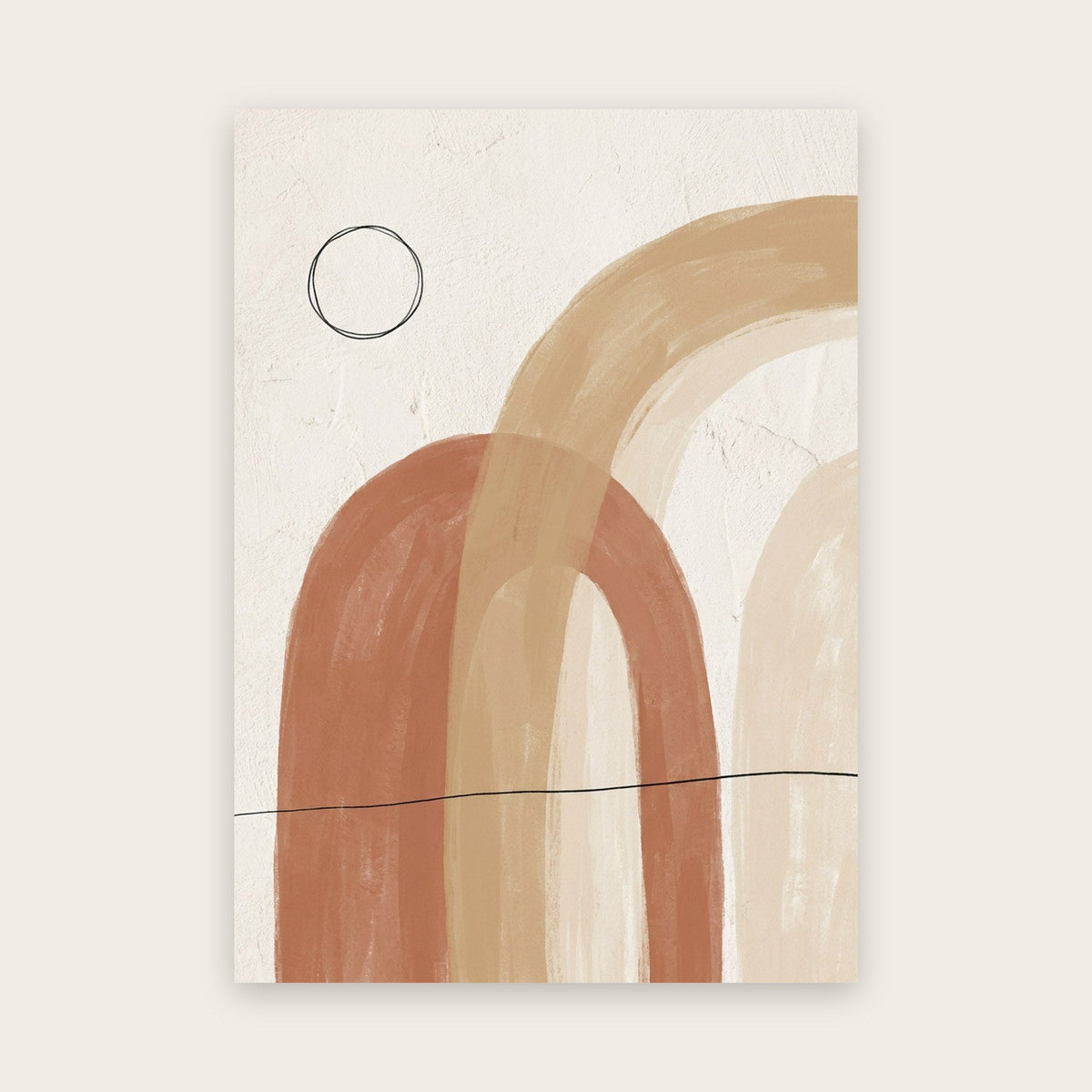 Le poster Arches présenté seul, sans cadre : trois arches terracotta, sable et crème, un cercle et une ligne noirs sur fond crème
