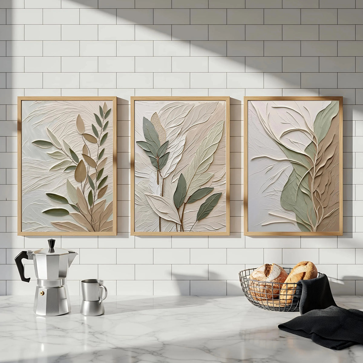 Trois affiches de feuillages texturés vert sauge et beige, encadrées de bois sur un mur carrelé de cuisine