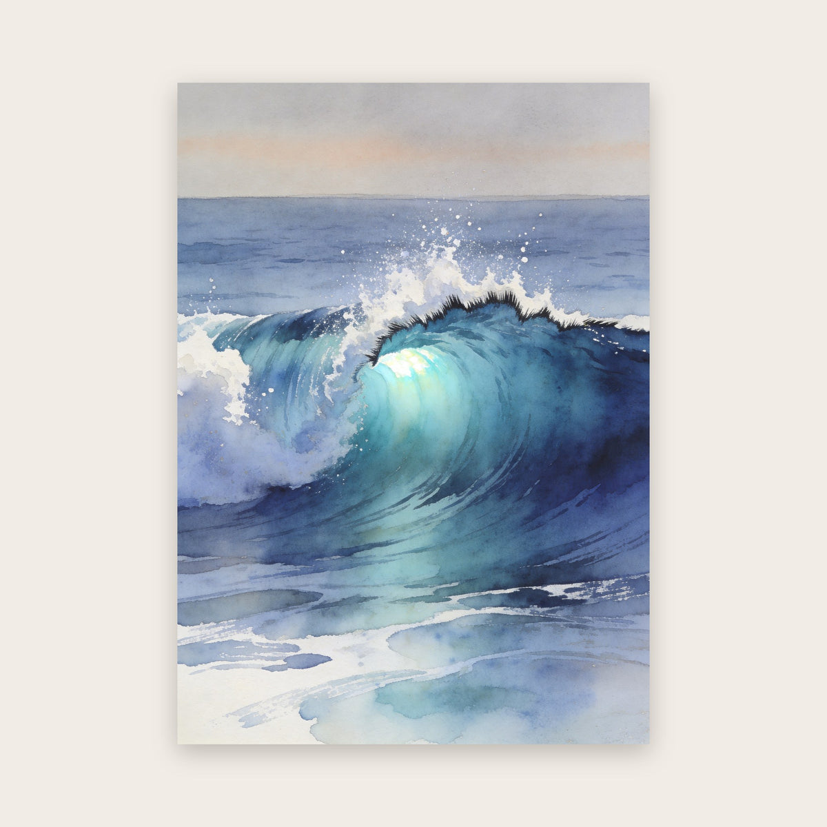 Affiche vague à l'aquarelle : vague indigo et outremer au cœur turquoise lumineux, écume en papier blanc, ciel gris tendre