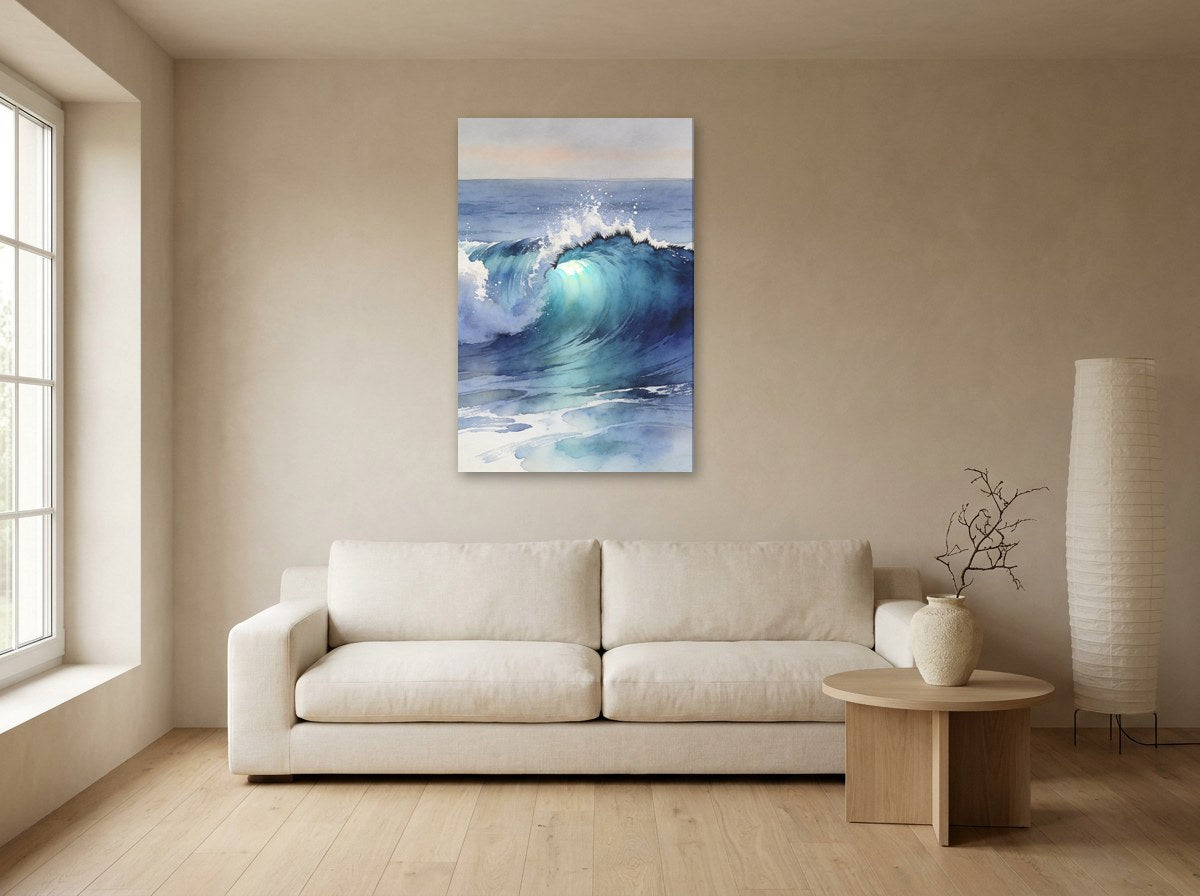 Mise en situation : toile « Aquarelle indigo » au-dessus d'un canapé écru, sur le mur beige d'un salon japandi