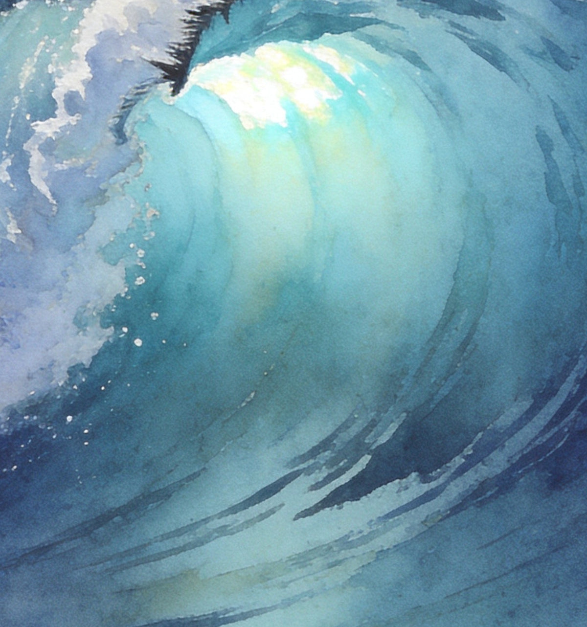 Détail : le cœur lumineux de la vague, en lavis turquoise et indigo