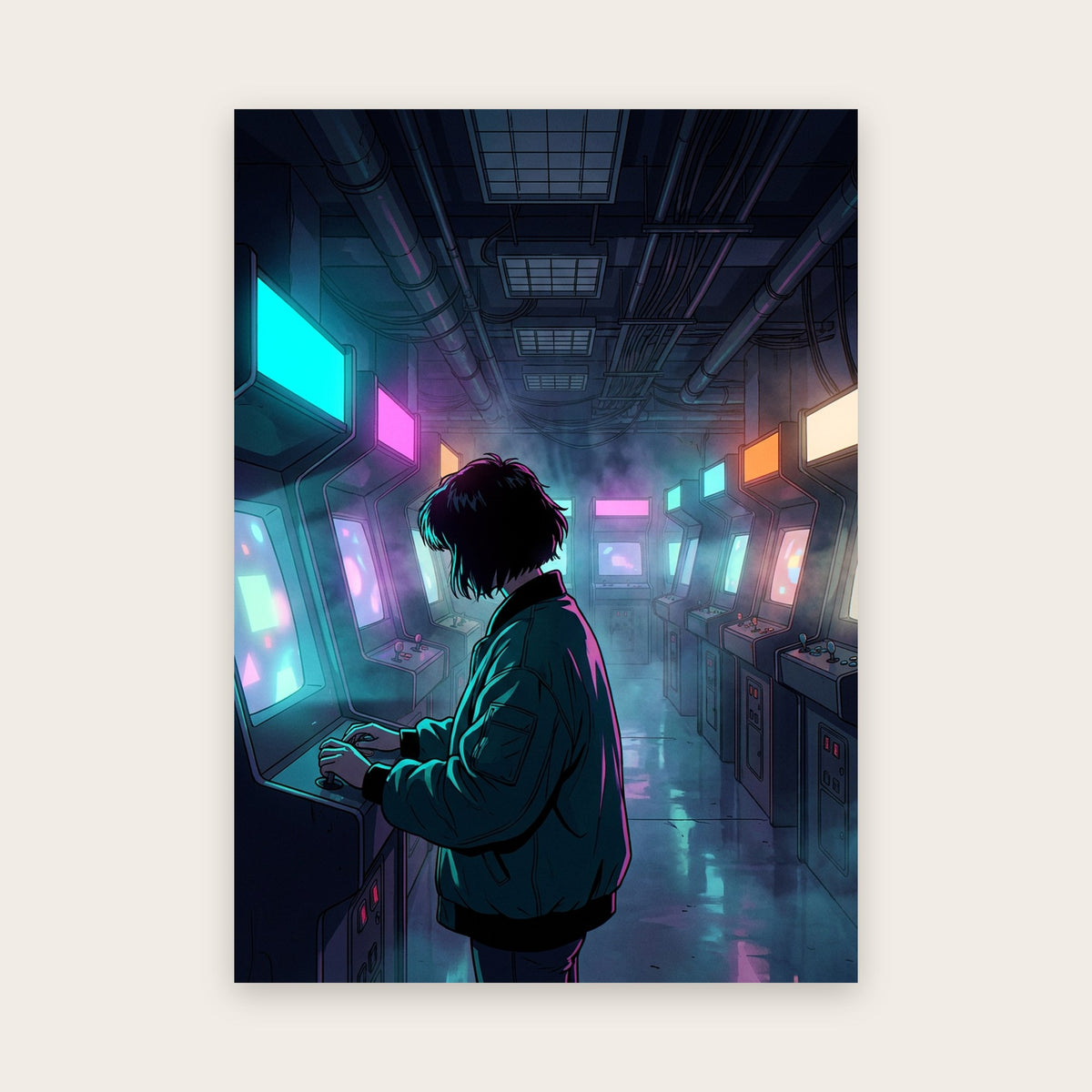 Tableau style manga : joueur vu de dos devant une borne, dans une salle d'arcade souterraine baignée de néons cyan et magenta