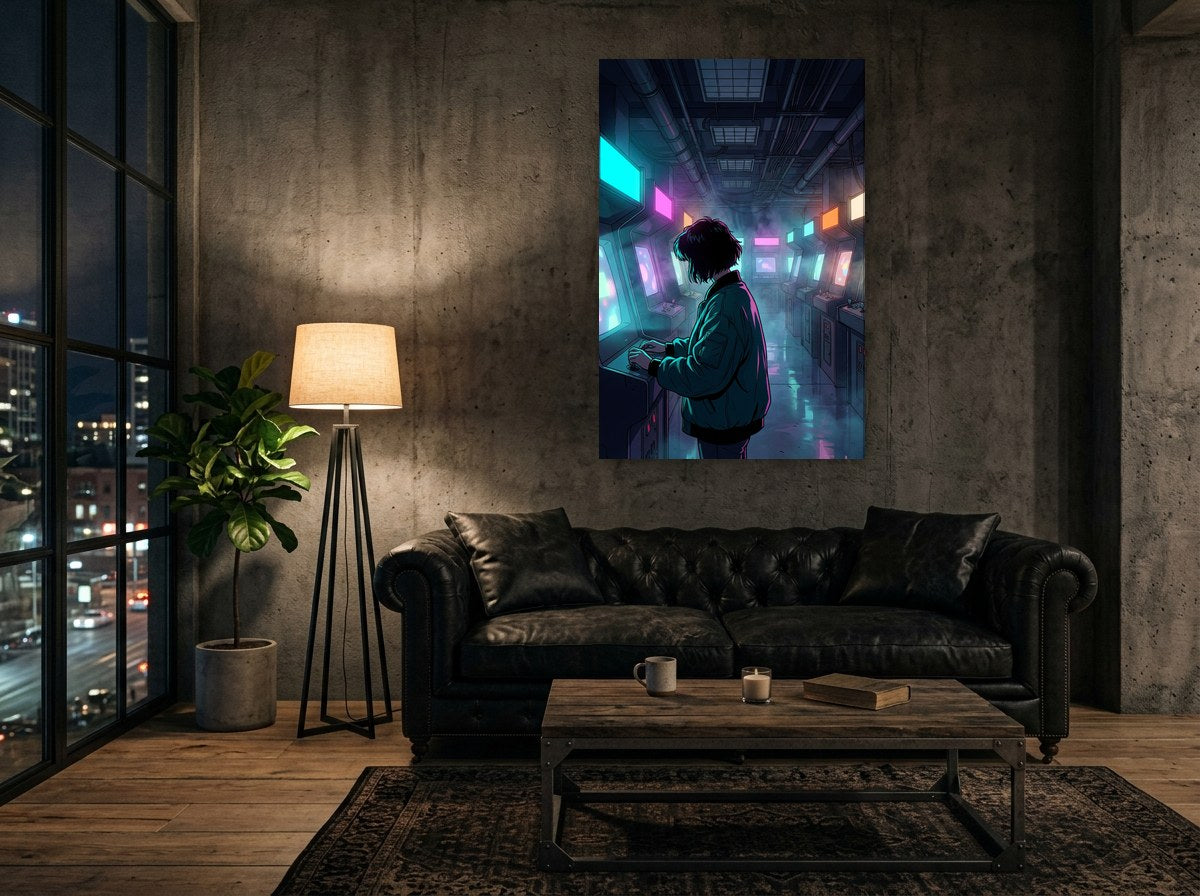 Mise en situation du tableau Arcade Glow : salle d'arcade aux néons cyan et magenta, joueur vu de dos devant sa borne