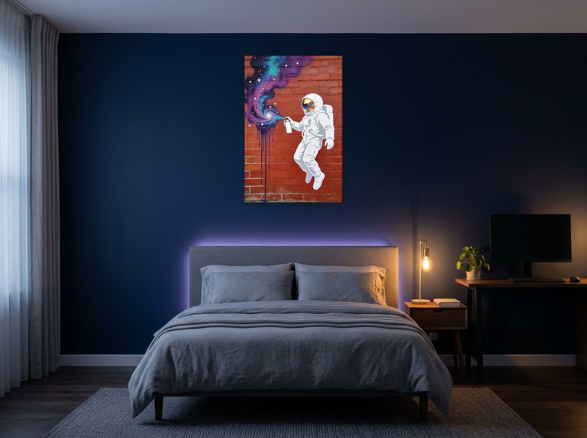 Mise en situation : toile de l'astronaute et la galaxie accrochée au-dessus d'un lit gris, sur le mur bleu nuit d'une chambre le soir