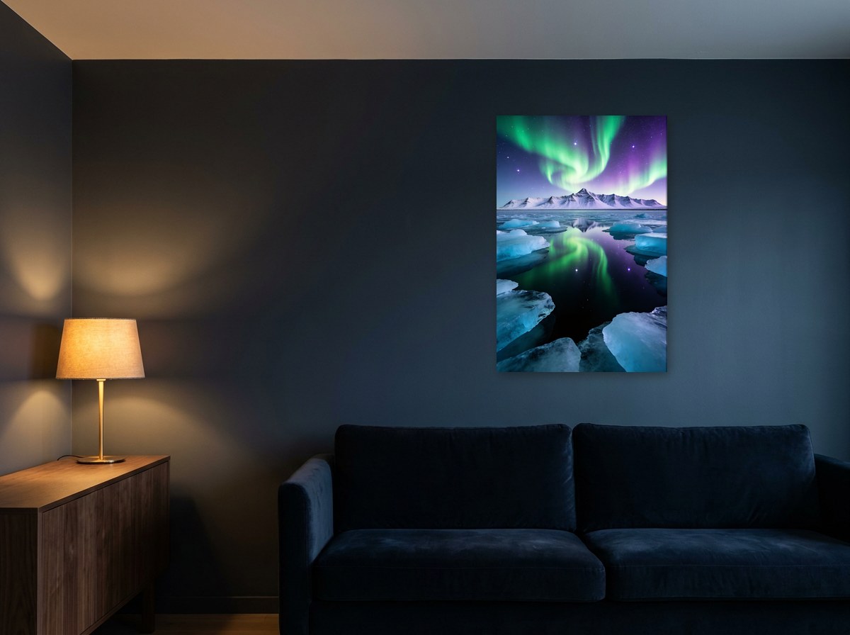 Mise en situation : toile « Aurore sur le lac glaciaire » au-dessus d'un canapé en velours bleu marine, sur un mur bleu nuit éclairé par une lampe