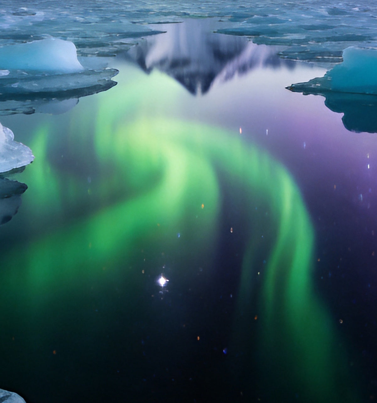 Détail de « Aurore sur le lac glaciaire » : les reflets de l’aurore entre les blocs de glace