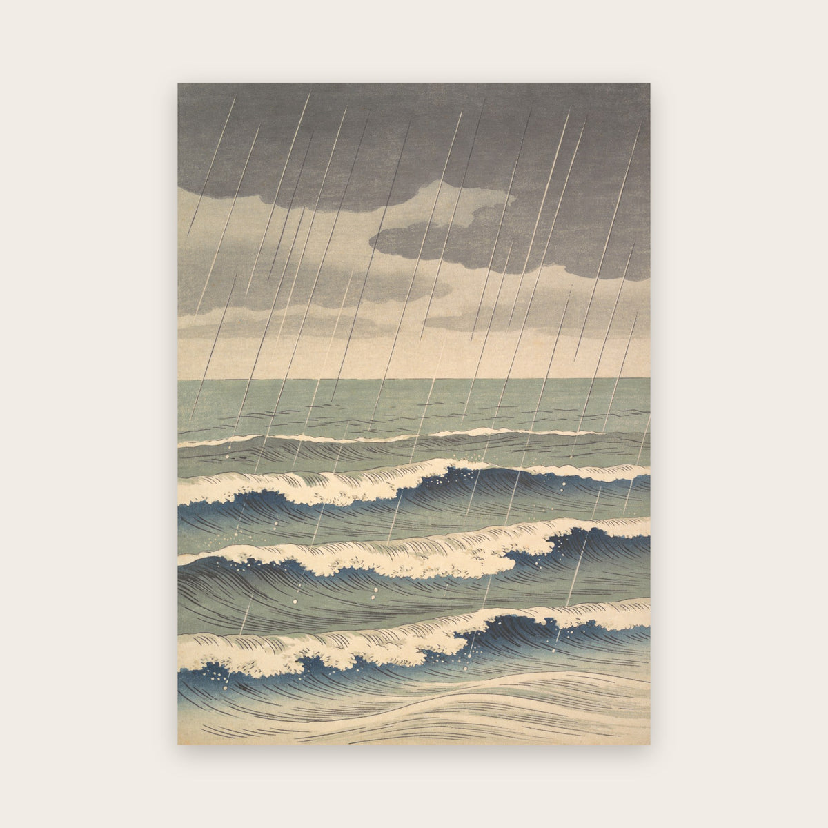 Affiche façon estampe japonaise : averse en fines lignes obliques sur une mer gris-vert, houle frangée d'écume ivoire sous des nuages gris