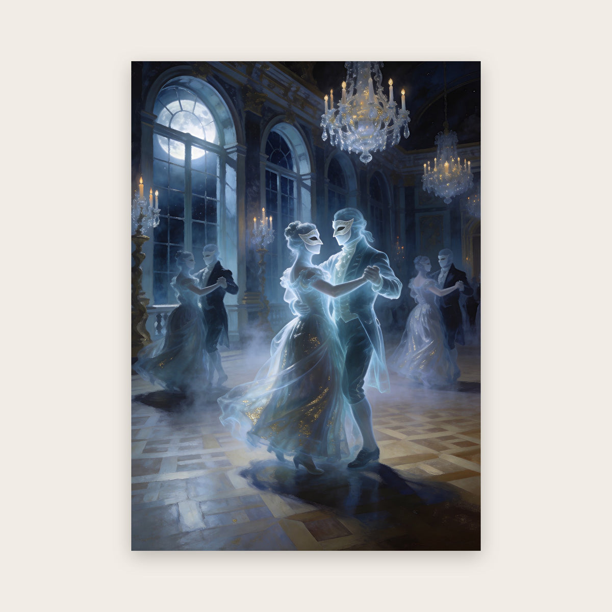 Tableau Halloween : couples fantomatiques masqués en habits du XVIIIᵉ siècle qui valsent dans une salle de bal éclairée par la lune, lustres de cristal