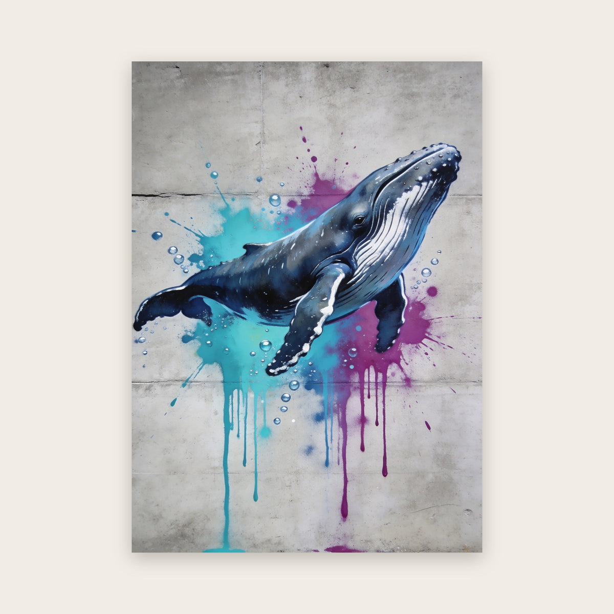 Affiche street art : baleine à bosse peinte à la bombe sur béton, éclaboussures et coulures cyan, turquoise et magenta