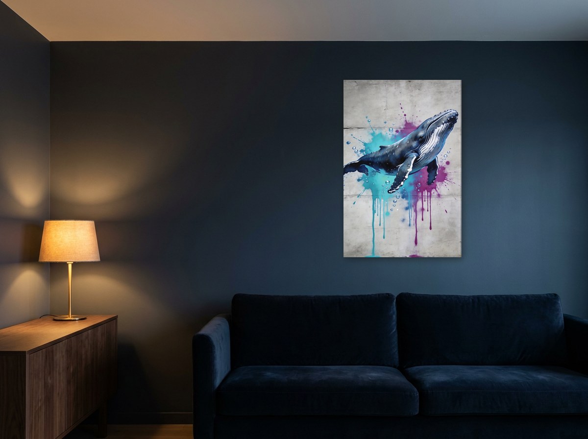 Mise en situation : toile « Baleine en éclaboussures » au-dessus d'un canapé en velours bleu marine, sur un mur bleu nuit éclairé par une lampe