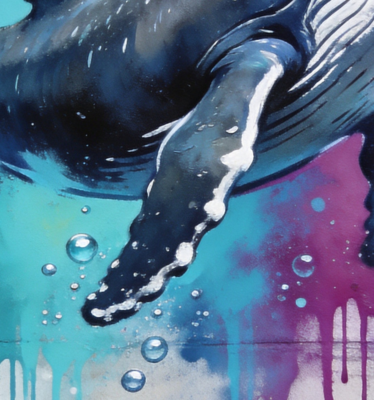 Détail de « Baleine en éclaboussures » : la tête de la baleine et les bulles peintes