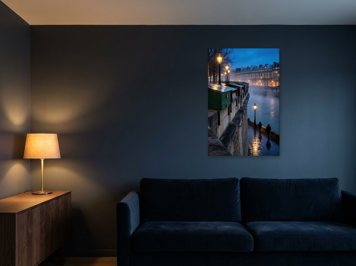 Mise en situation : toile des bouquinistes au-dessus d'un canapé en velours bleu marine, sur un mur bleu nuit éclairé par une lampe