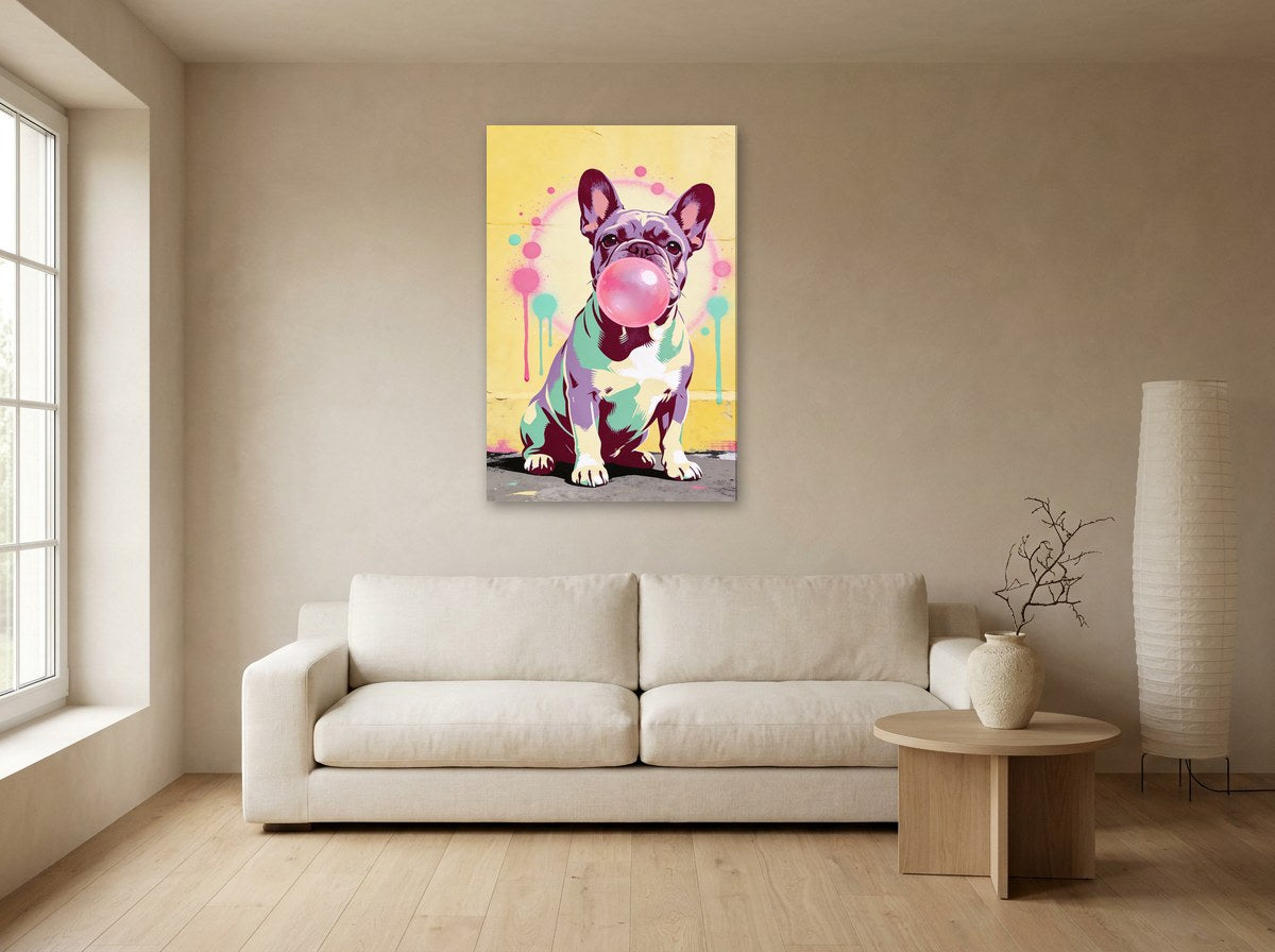 Mise en situation : toile du bouledogue à la bulle rose au-dessus d'un canapé écru, sur le mur beige d'un salon aux tons naturels