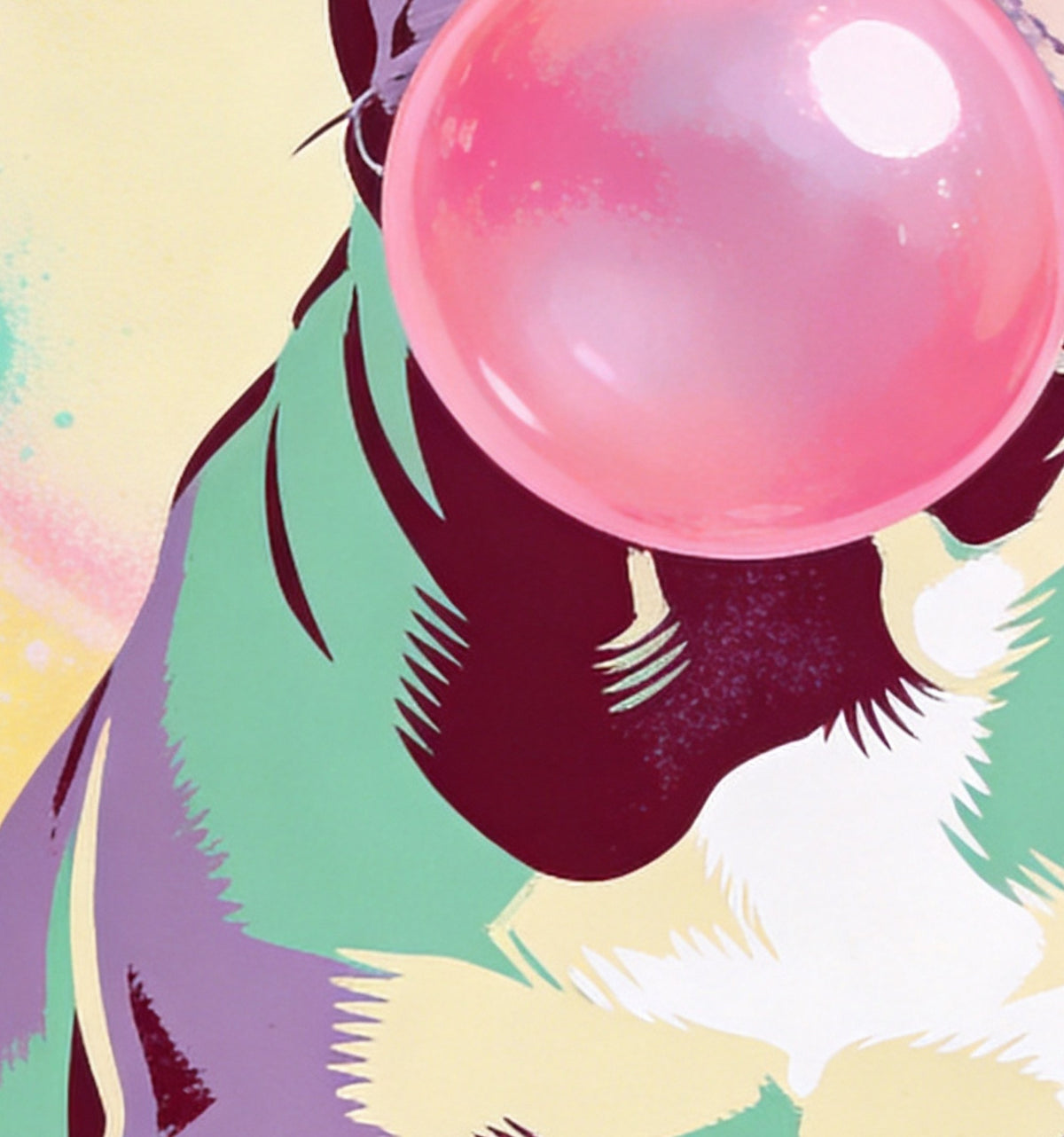 Détail : bulle de chewing-gum rose et poitrail du bouledogue en aplats lilas, menthe et crème
