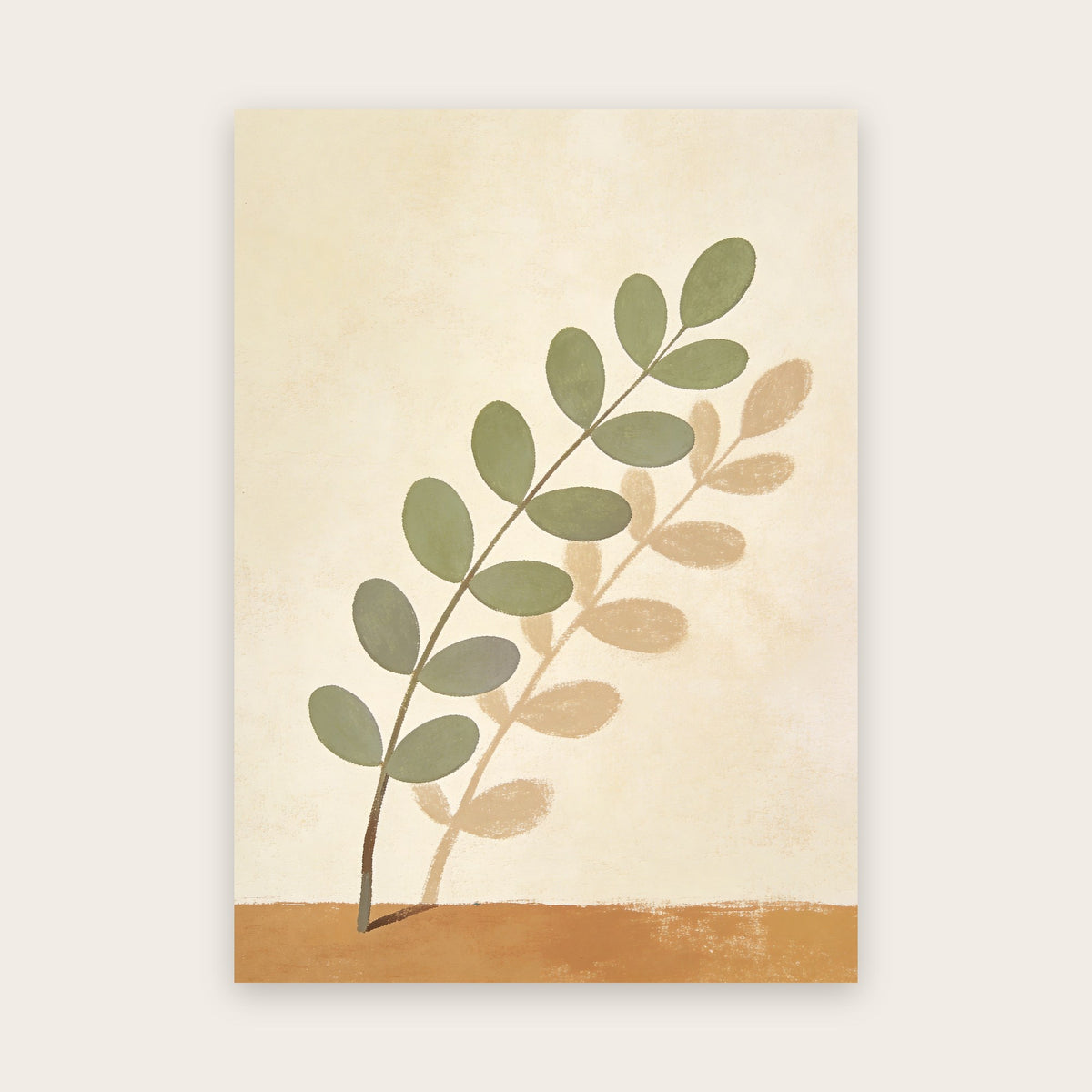 Affiche japandi : branche aux feuilles ovales vert sauge et sa silhouette couleur sable, bande de sol ocre, fond ivoire