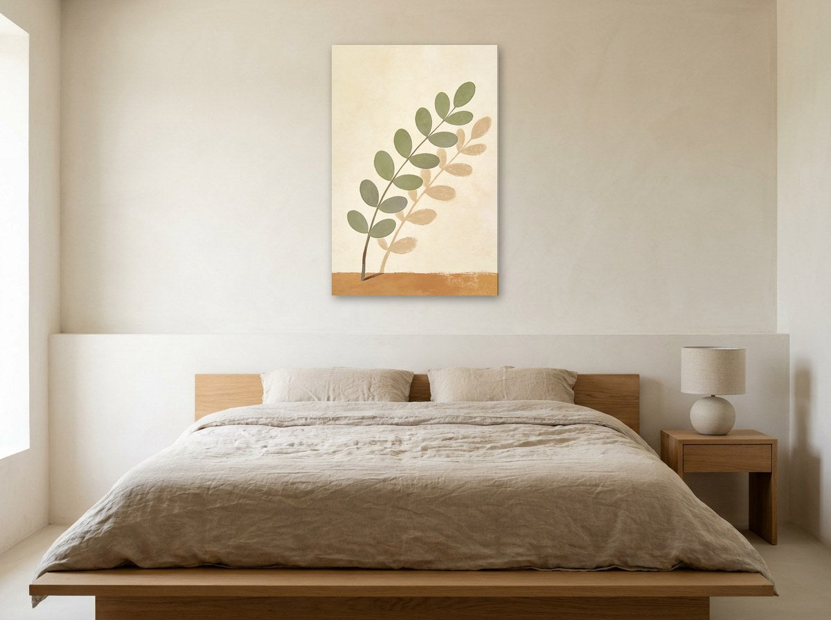 Mise en situation : toile « Branche sauge » au-dessus d'un lit en lin beige, dans une chambre aux murs crème