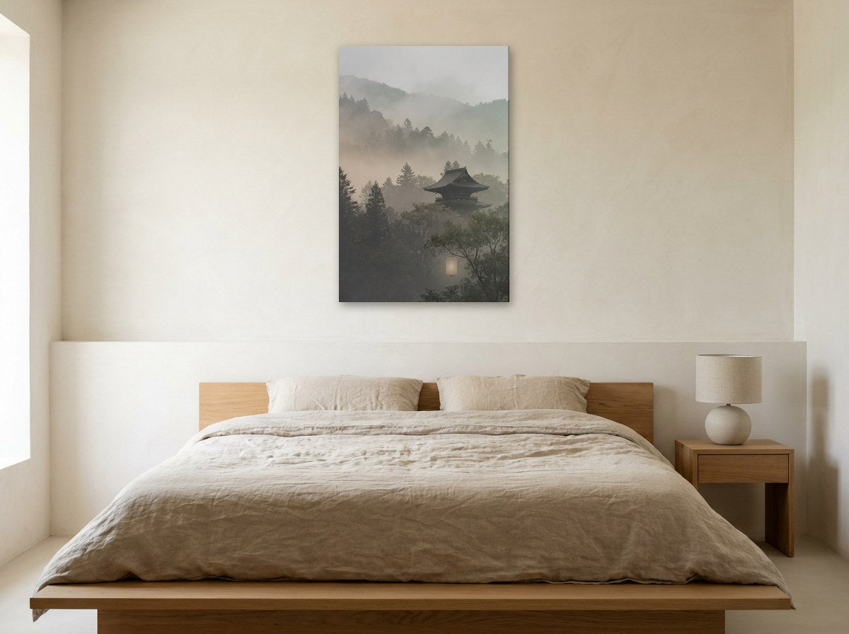 Œuvre Brume sur Kyoto accrochée au mur d'un intérieur calme : pavillon de bois et collines de conifères noyés dans la brume