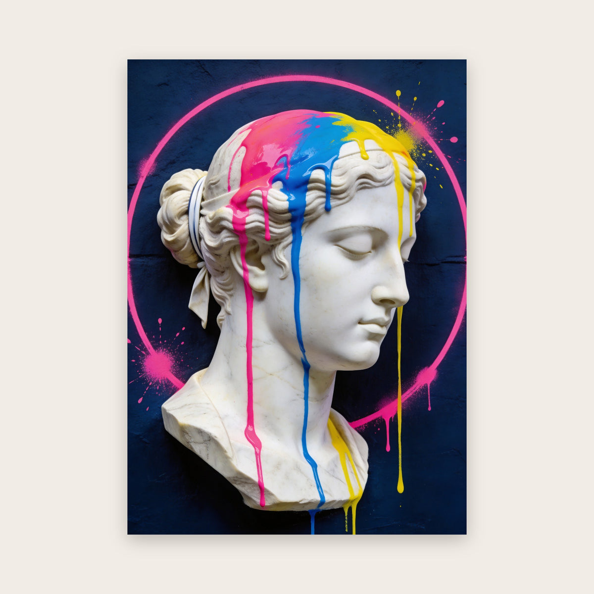 Affiche street art : buste de femme en marbre blanc aux yeux clos, couvert de coulures rose, bleue et jaune, dans un cercle rose sur fond bleu nuit
