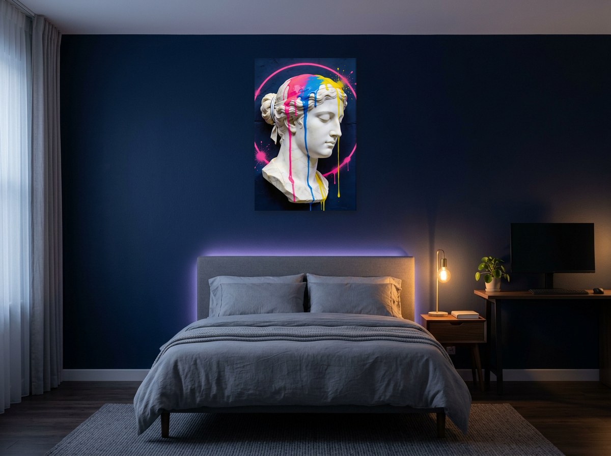 Mise en situation : toile du buste antique aux coulures néon accrochée au-dessus d'un lit gris, sur le mur bleu nuit d'une chambre le soir