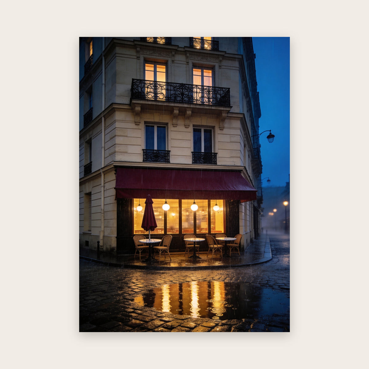 Affiche Paris sous la pluie : café d'angle aux vitres dorées, auvent bordeaux, tables de marbre et chaises en rotin, flaque sur les pavés