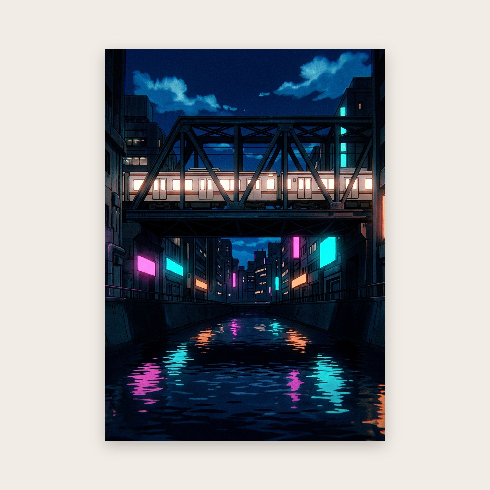 Illustration d’un train illuminé sur un pont à treillis, au-dessus d’un canal nocturne aux reflets néon magenta, cyan et orange