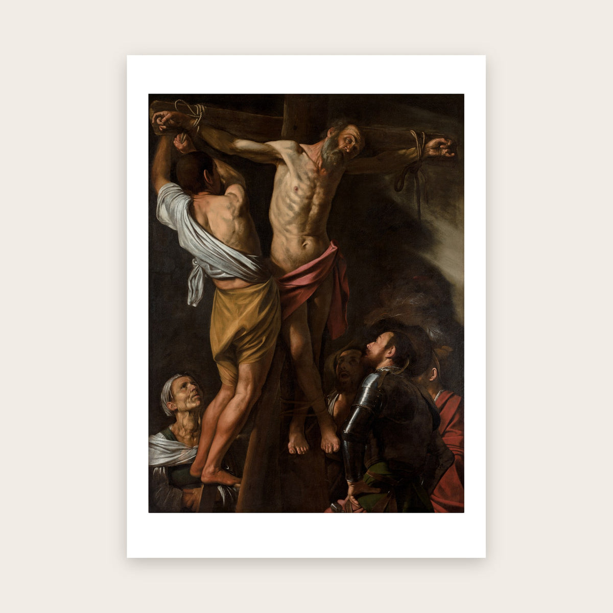 Affiche Le Crucifiement de saint André d'après Caravage : saint lié à une croix droite, homme sur une échelle, marge blanche