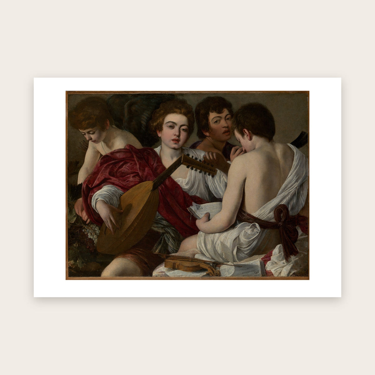 Affiche Les Musiciens d'après Caravage : joueur de luth en rouge, garçon ailé, jeune homme de dos, violon, marge blanche