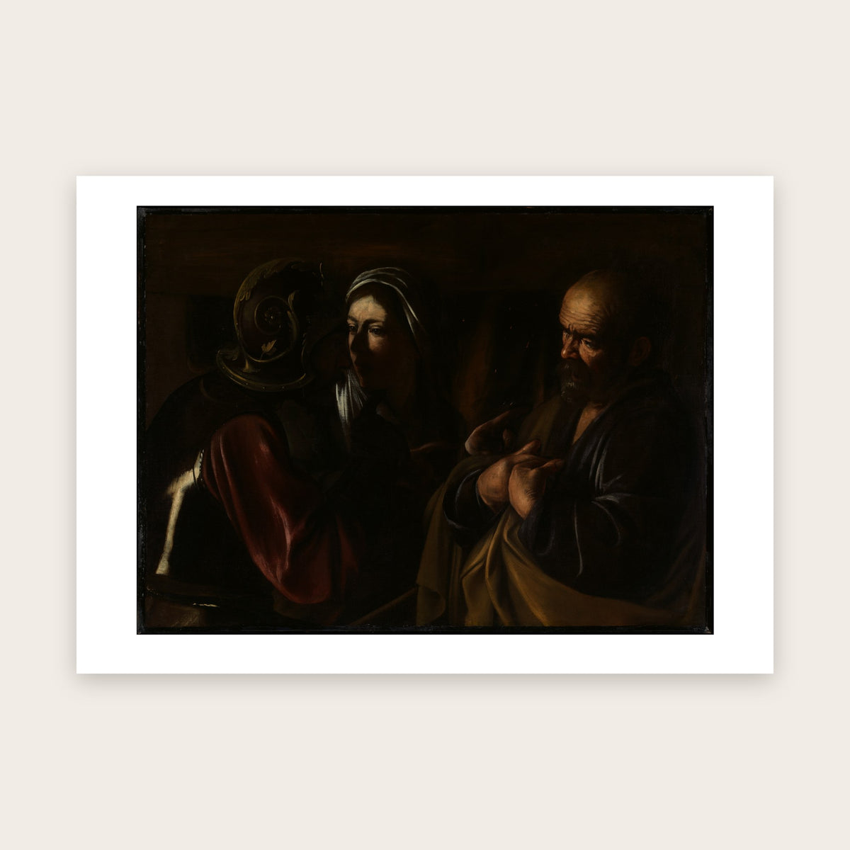 Affiche Le Reniement de saint Pierre, attribué à Caravage : soldat casqué, femme au voile blanc, Pierre barbu, marge blanche