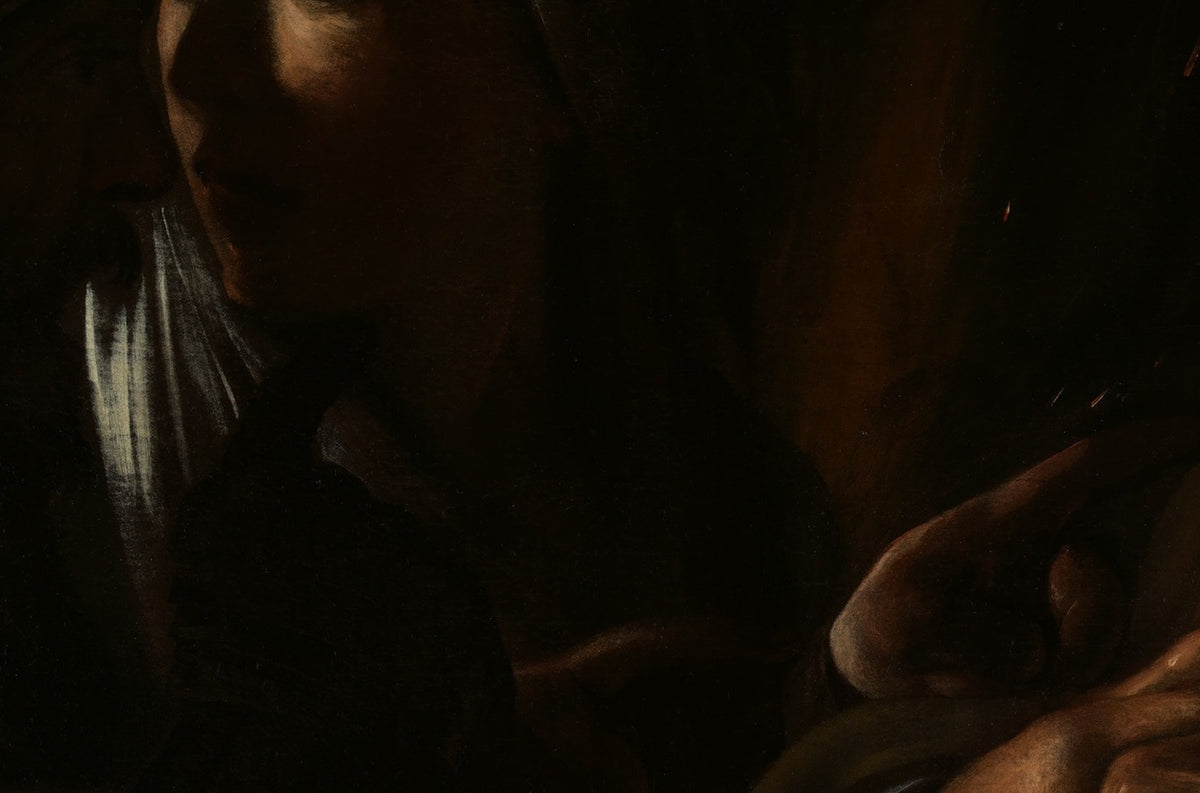 Détail du Reniement de saint Pierre (attribué à Caravage) : visage de la femme au voile blanc, main tendue dans l'ombre