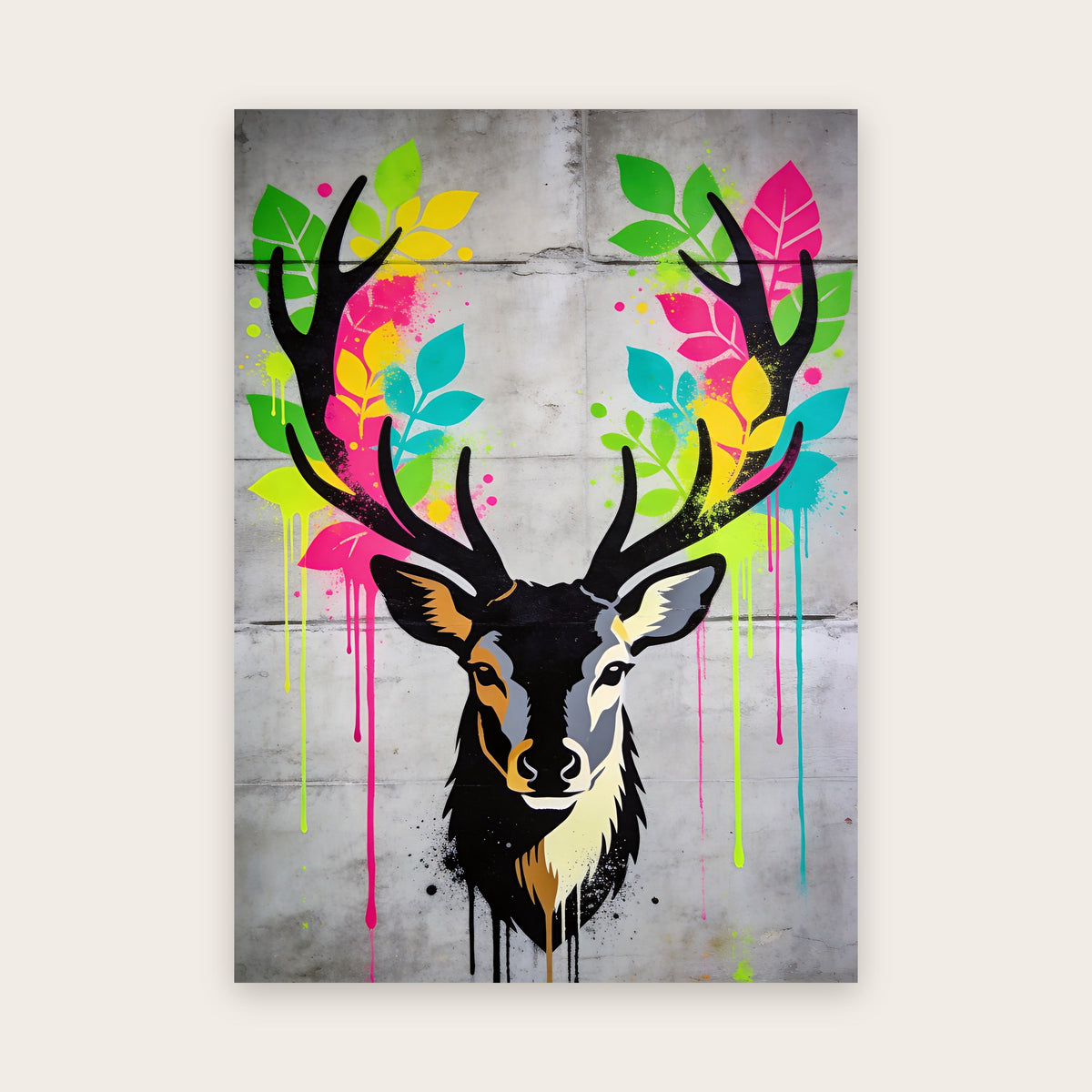 Affiche street art : tête de cerf au pochoir sur béton, bois couverts de feuilles fluo vertes, jaunes, roses et cyan, coulures