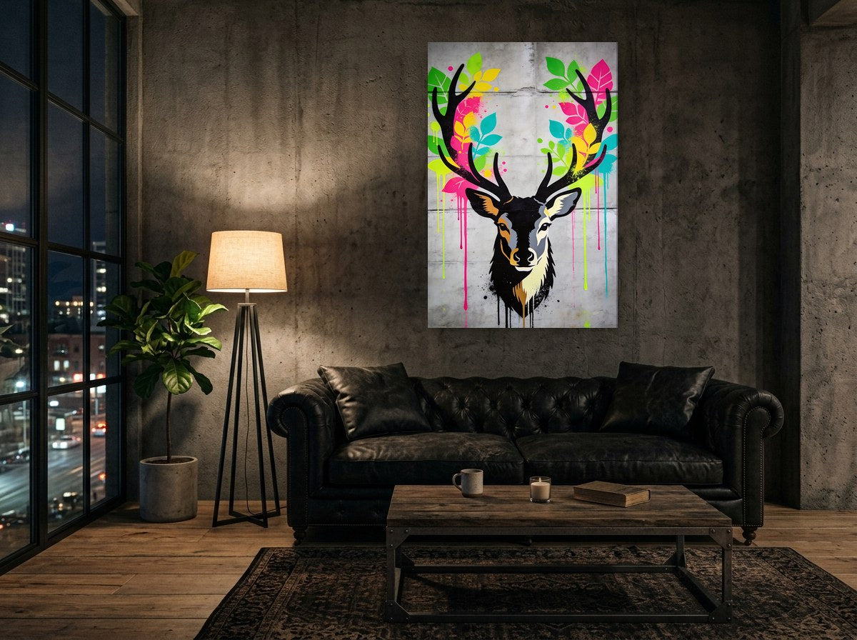 Mise en situation : toile « Cerf au feuillage fluo » sur le mur de béton d'un loft, au-dessus d'un canapé chesterfield en cuir noir