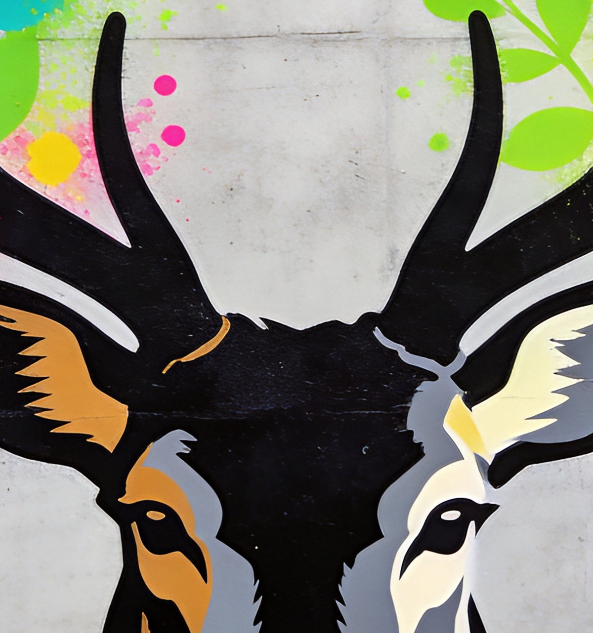 Détail de « Cerf au feuillage fluo » : les feuilles fluo dans les bois du cerf