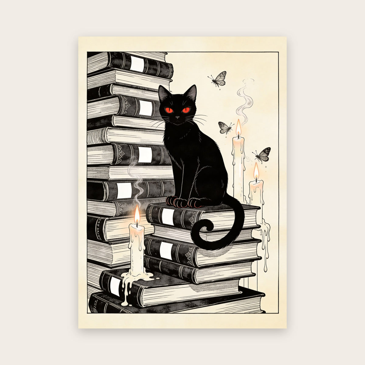 Tableau Halloween style manga : chat noir aux yeux rouges sur une pile de vieux livres, bougies fondues et papillons, cadre dessiné à l’encre sur papier ivoire