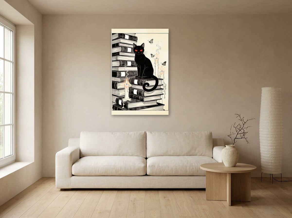 Mise en situation : toile « Le Chat noir aux grimoires » au-dessus d'un canapé écru, sur le mur beige d'un salon japandi