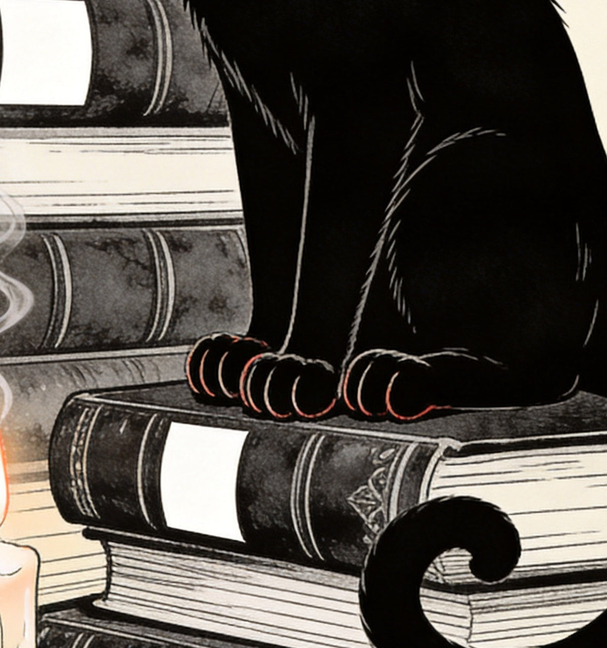 Détail de « Le Chat noir aux grimoires » : les yeux rouges du chat