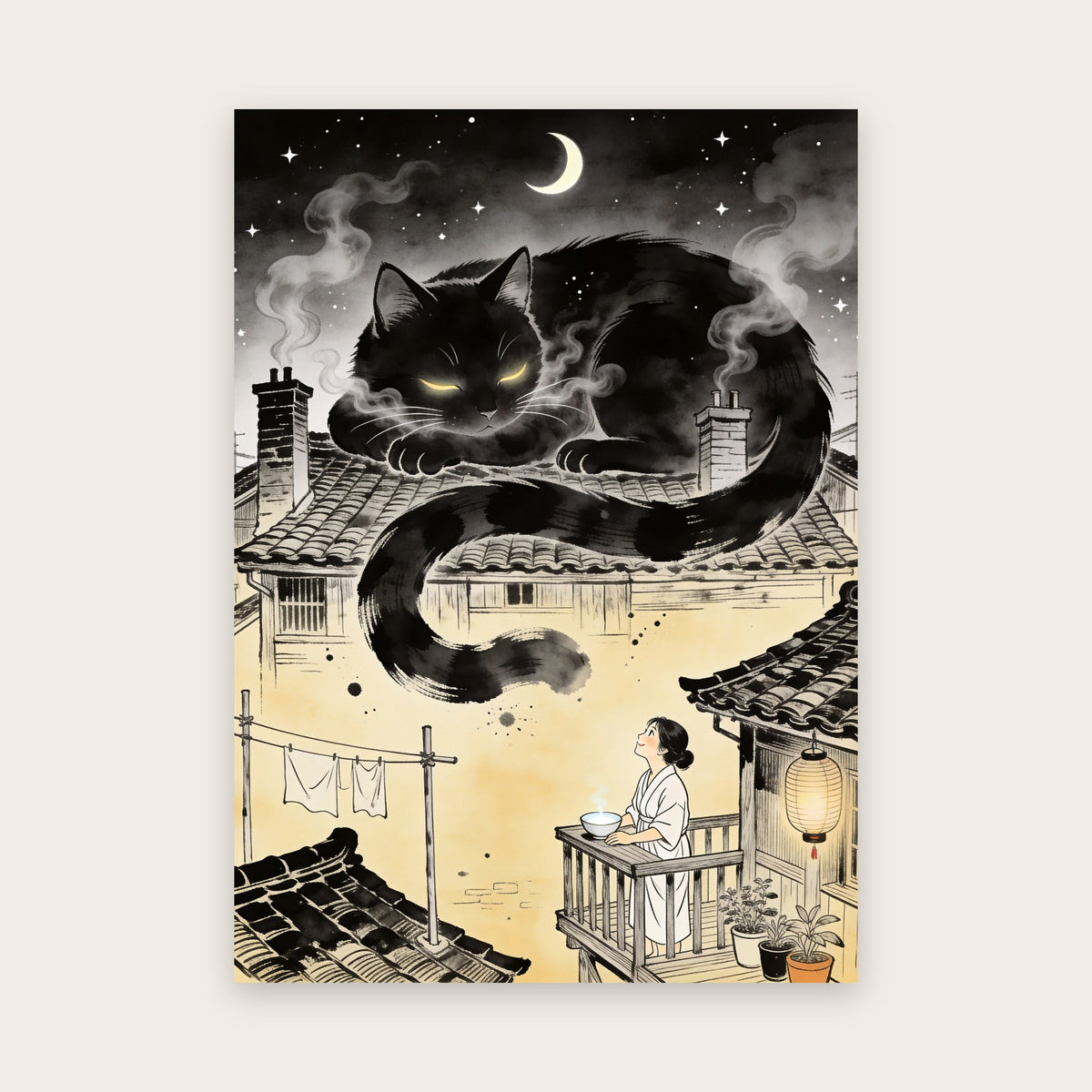 Affiche style manga : chat géant noir aux yeux dorés lové sur les toits d'une vieille ville sous un croissant de lune, femme souriante sur un balcon
