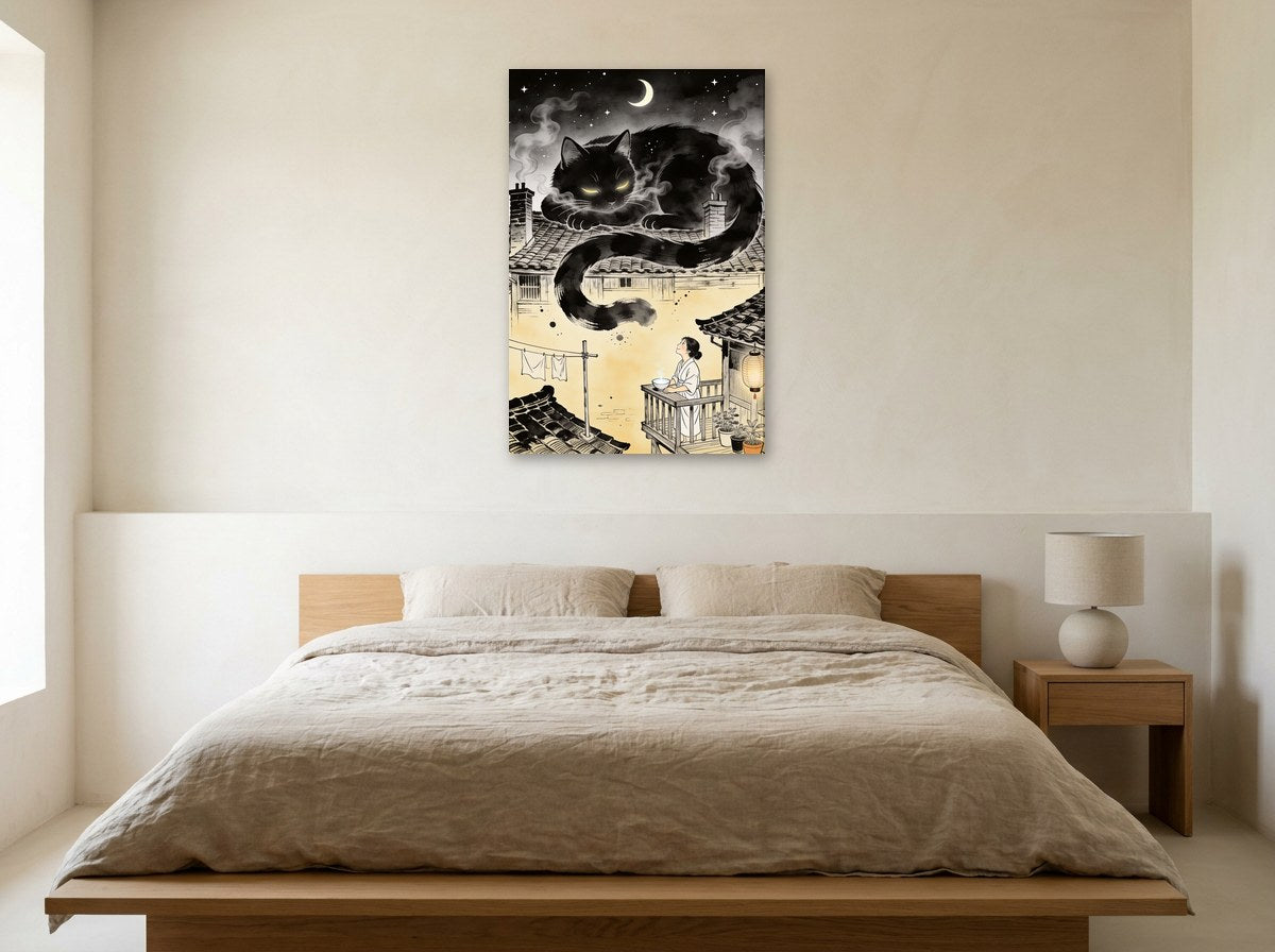 Mise en situation : toile du chat des toits au-dessus d'un lit en bois clair au linge écru, sur un mur crème