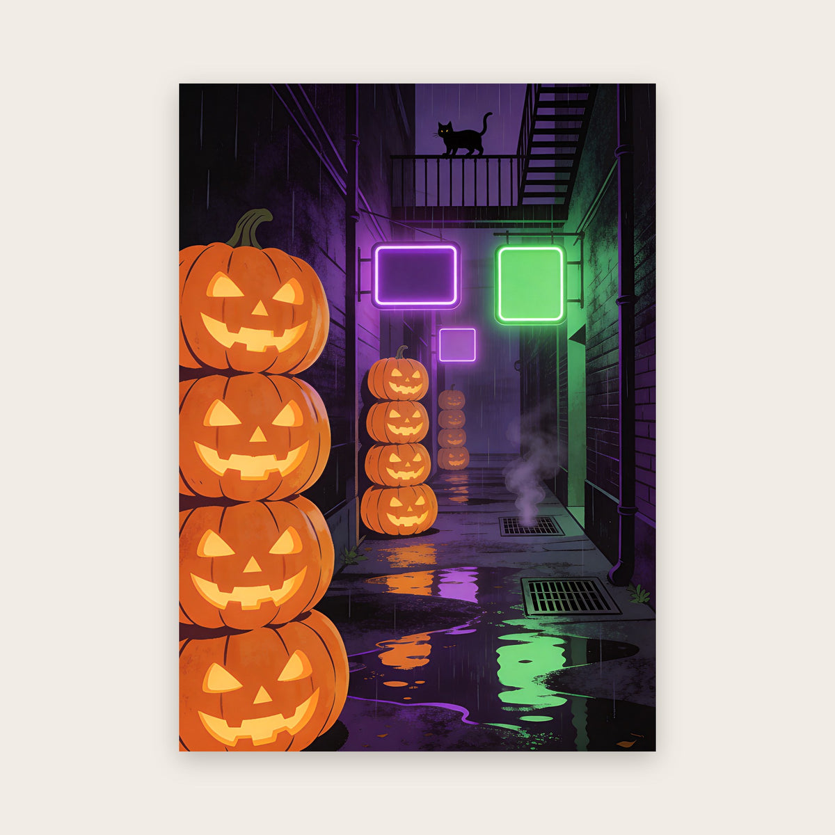 Tableau Halloween néon : ruelle mouillée la nuit bordée de piles de citrouilles illuminées, néons violets et verts reflétés dans les flaques, chat noir sur un balcon