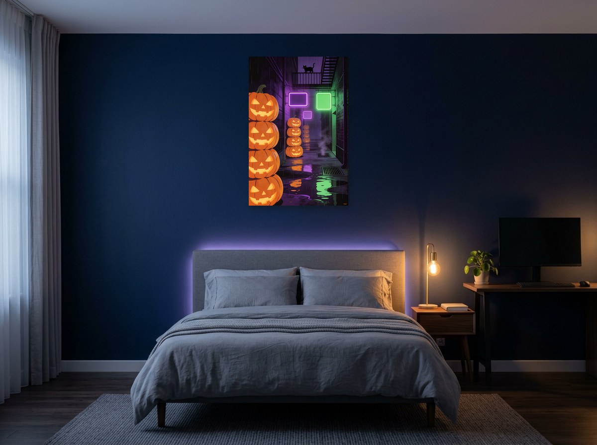 Mise en situation : toile « La Ruelle aux citrouilles néon » au-dessus d'un lit aux draps gris, sur le mur bleu nuit d'une chambre éclairée par une lampe de chevet