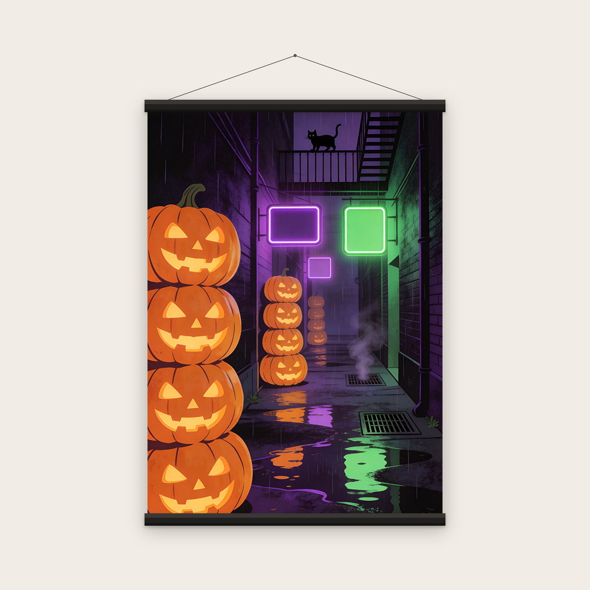 La Ruelle aux citrouilles néon : affiche prête à accrocher avec baguettes magnétiques en bois noir (rendu illustratif)