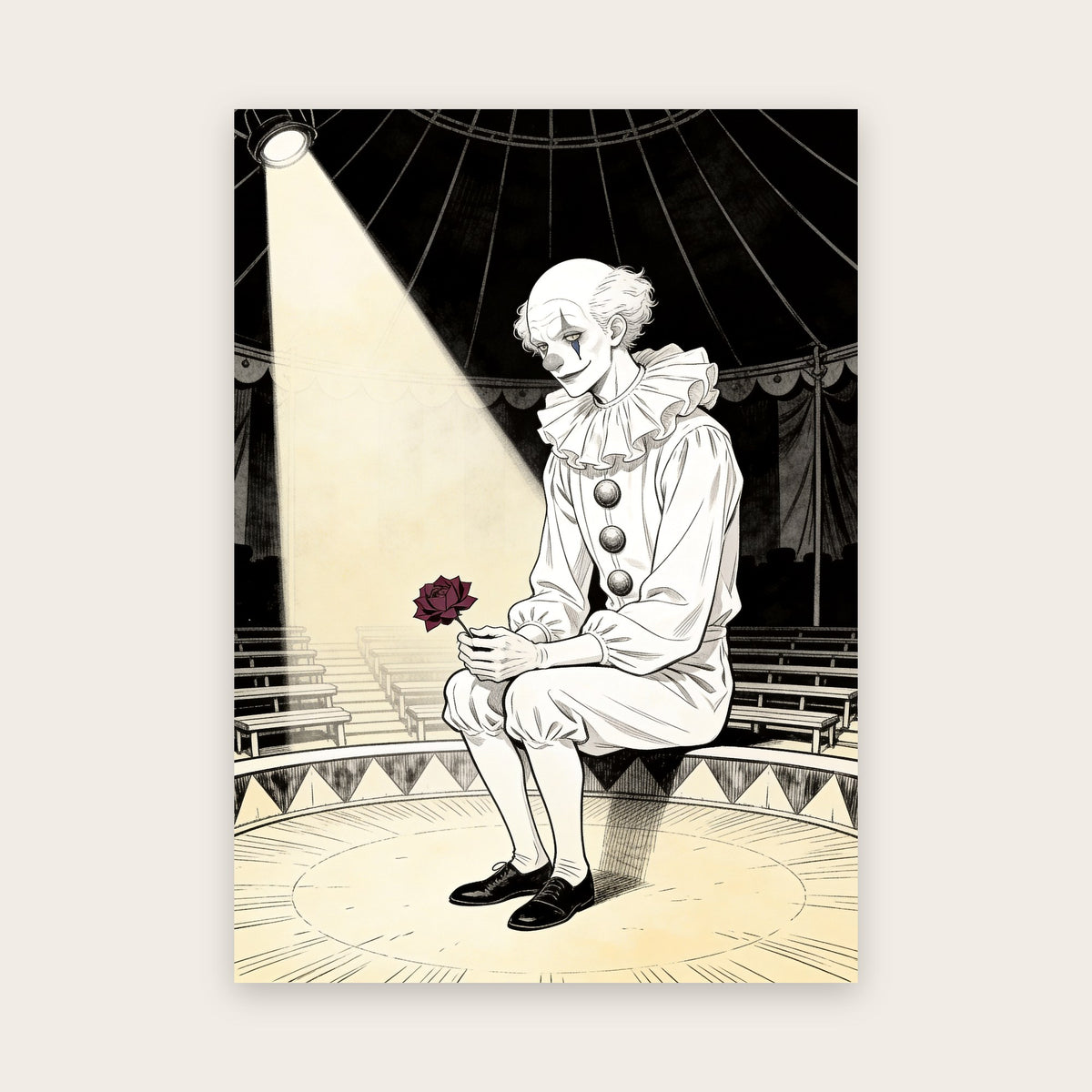 Tableau Halloween style manga : Pierrot blanc assis seul au bord d’une piste de cirque sous un projecteur, une rose rouge entre les mains