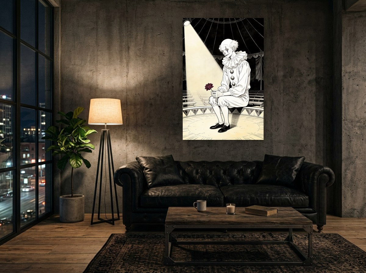 Mise en situation : toile « Le Clown blanc sous le chapiteau » sur le mur de béton d'un loft, au-dessus d'un canapé chesterfield en cuir noir