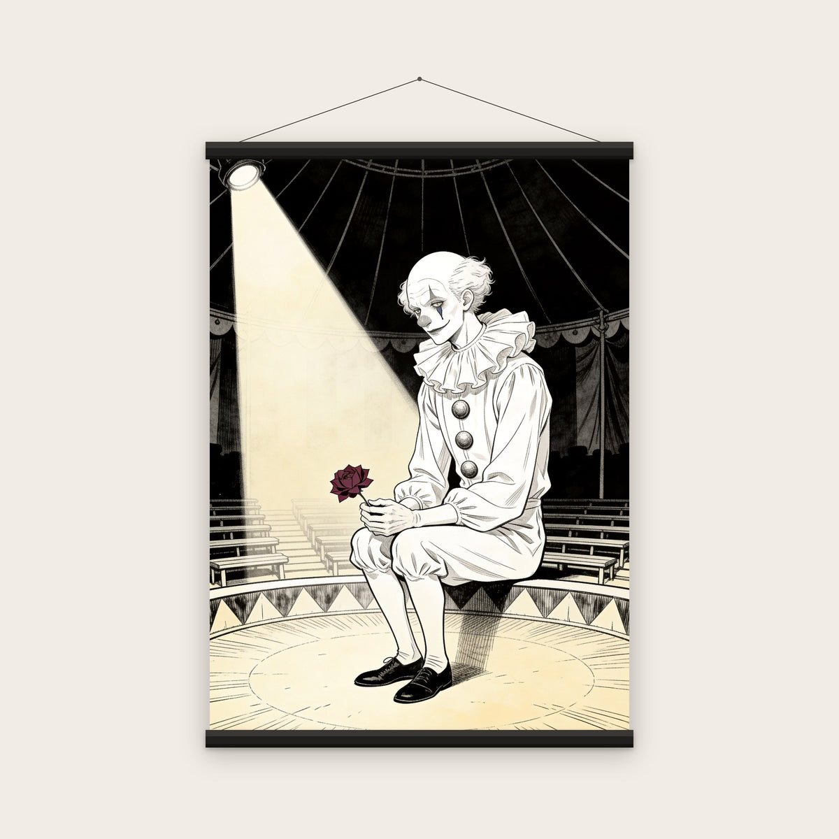 Le Clown blanc sous le chapiteau : affiche prête à accrocher avec baguettes magnétiques en bois noir (rendu illustratif)