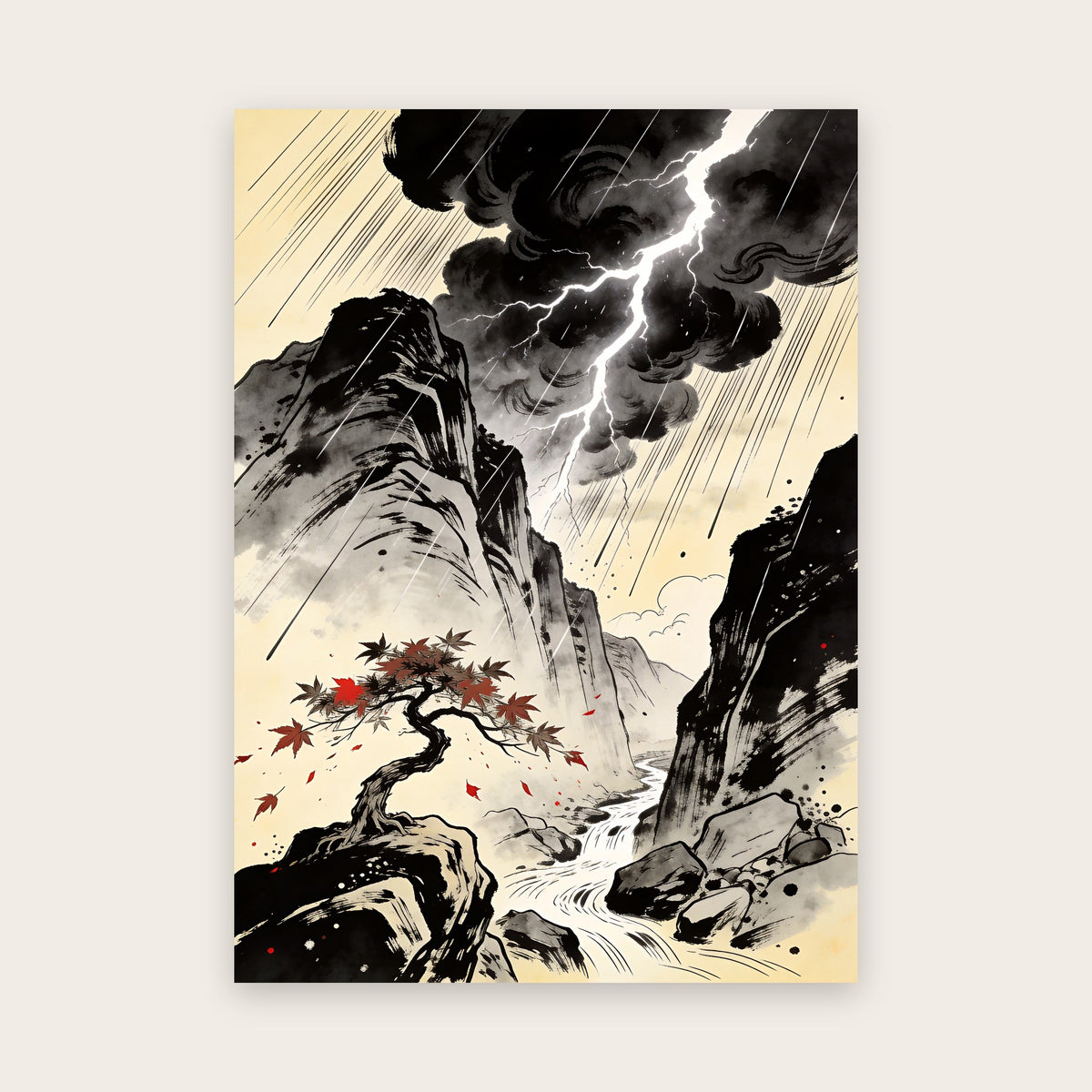 Affiche style manga à l’encre : orage sur un col de montagne, éclair, pluie en traits, érable aux feuilles vermillon sur un rocher