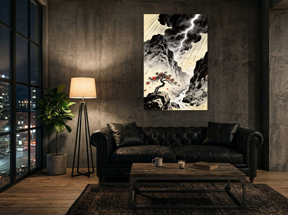 Mise en situation : toile « Orage sur le col » sur le mur de béton d'un loft, au-dessus d'un canapé chesterfield en cuir noir