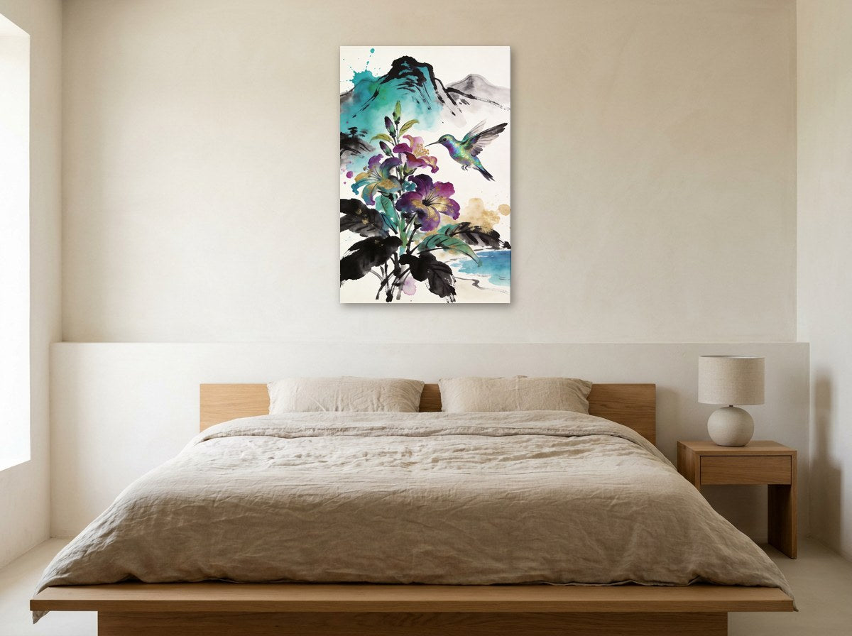 Mise en situation : toile « Colibri et fleurs » au-dessus d'un lit en lin beige, dans une chambre aux murs crème