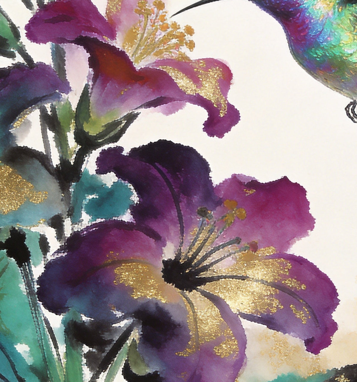 Détail de « Colibri et fleurs » : le colibri aux reflets turquoise