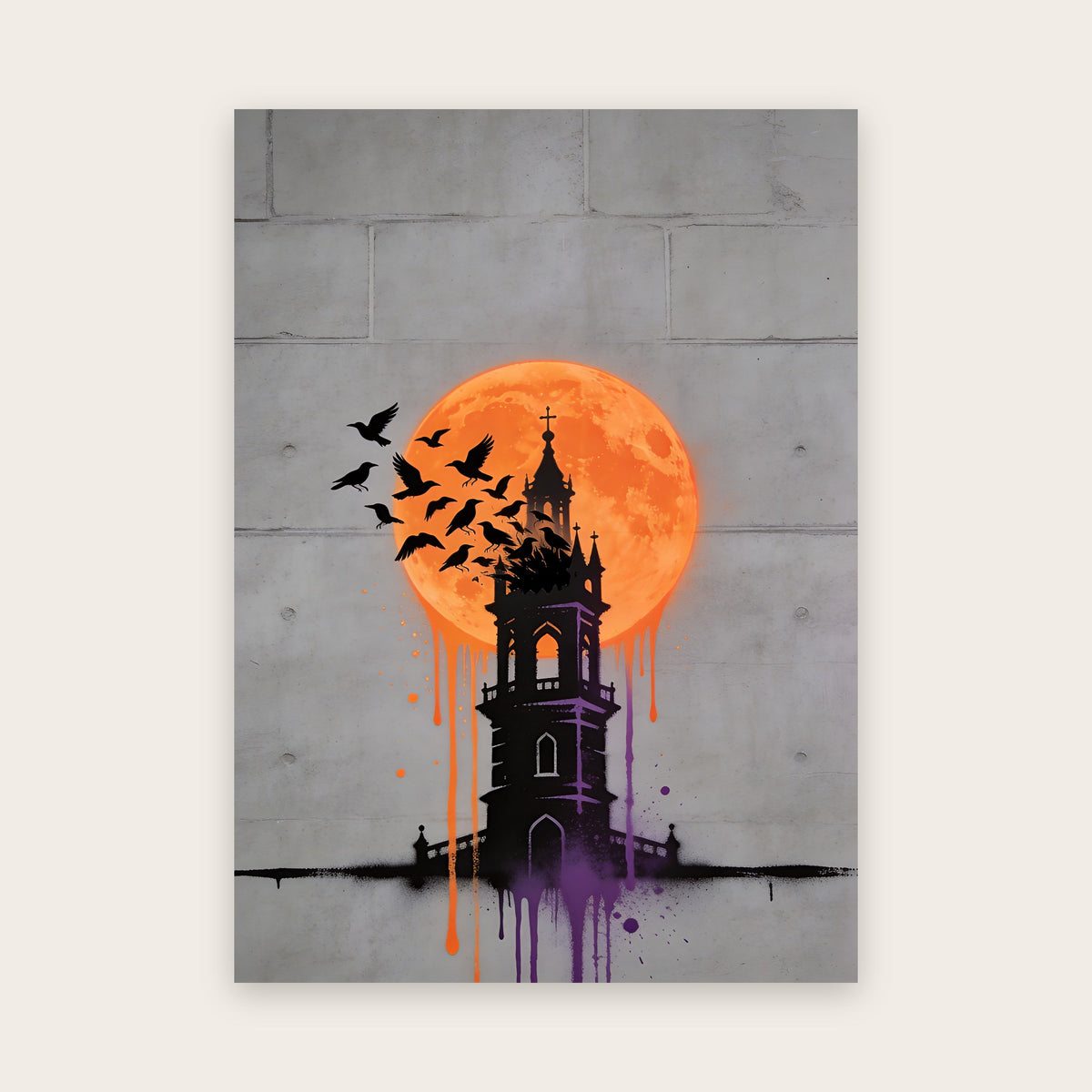 Tableau Halloween street art : silhouette de tour gothique et nuée de corbeaux au pochoir noir devant une lune orange fluo, coulures orange et violettes sur béton