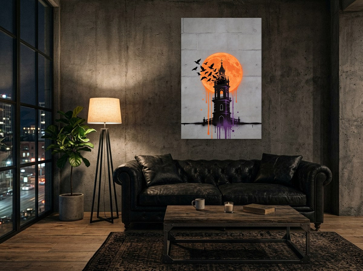 Mise en situation : toile « Les Corbeaux de la lune orange » sur le mur de béton d'un loft, au-dessus d'un canapé chesterfield en cuir noir