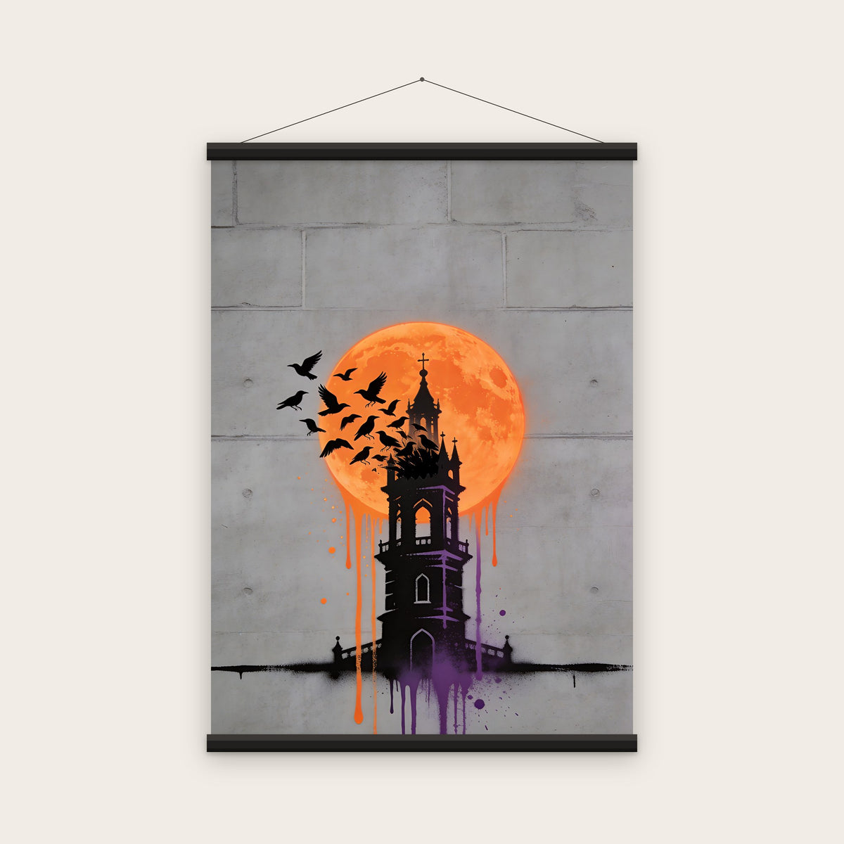 Les Corbeaux de la lune orange : affiche prête à accrocher avec baguettes magnétiques en bois noir (rendu illustratif)